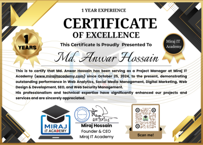 alt="1 Year Experience Certificate Miraj IT Academy."